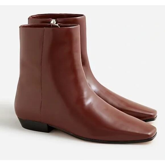 J. Crew Square-Toe Ankle Boots Brown Burnished Sienna Leather Flat 8.5 - Picture 1 of 9